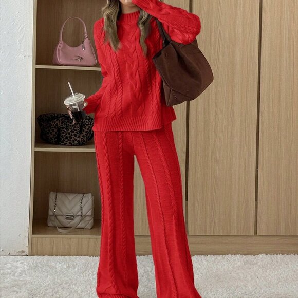 Red Casual Women's Long Sleeve Crew Neck Knit Sweater And Pants Set - Picture 3 of 4